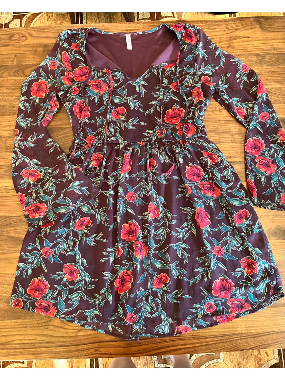 Floral Purple Bell-Sleeve Dress with Pink Blooms